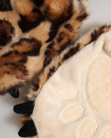 Dolce & Gabbana Brown Leopard Knitted Fur Wrist Mitten Gloves