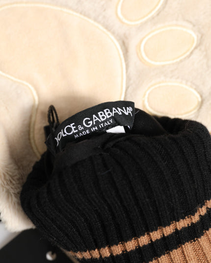 Dolce & Gabbana Brown Tiger Knitted Fur Wrist Mitten One Size Gloves