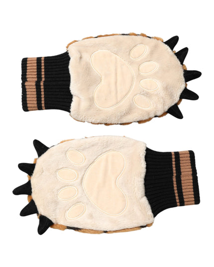 Dolce & Gabbana Brown Tiger Knitted Fur Wrist Mitten One Size Gloves