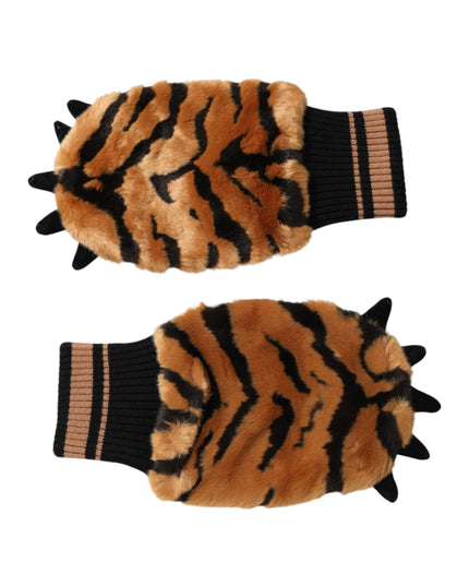 Dolce & Gabbana Brown Tiger Knitted Fur Wrist Mitten One Size Gloves