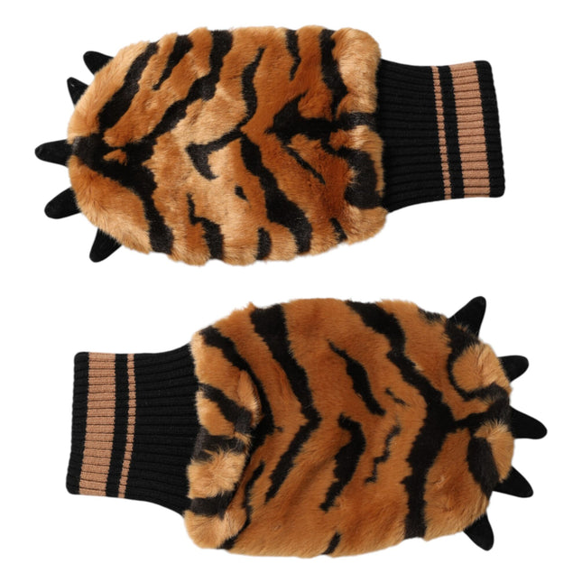 Dolce & Gabbana Brown Tiger Knitted Fur Wrist Mitten One Size Gloves