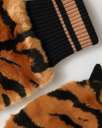 Dolce & Gabbana Brown Tiger Knitted Fur Wrist Mitten One Size Gloves