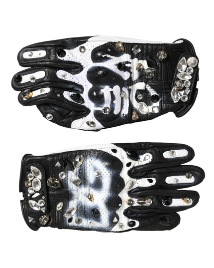 Dolce & Gabbana Gloves Black White Crystal Wrist Length Mitten  Gloves