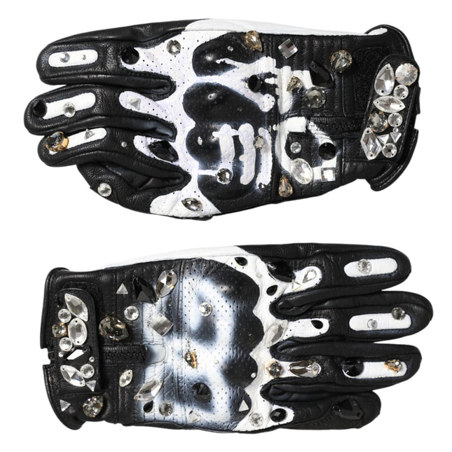 Dolce & Gabbana Gloves Black White Crystal Wrist Length Mitten  Gloves