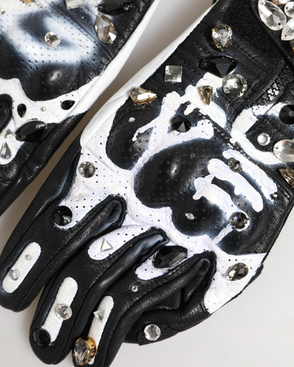 Dolce & Gabbana Gloves Black White Crystal Wrist Length Mitten  Gloves