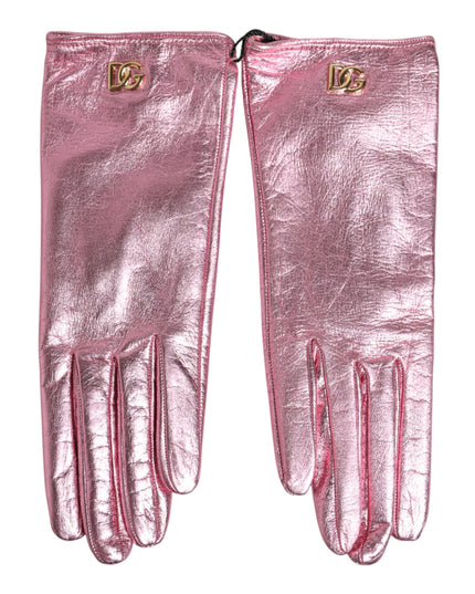 Dolce & Gabbana Pink Leather DG Logo Wrist Length Mitten Gloves