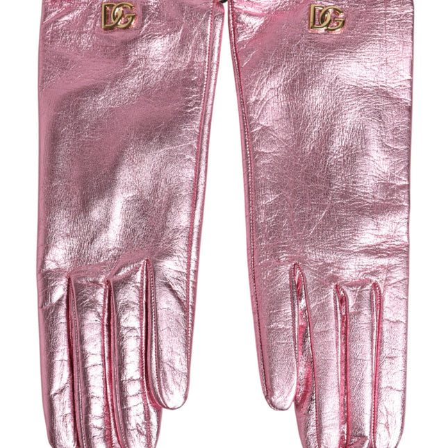 Dolce & Gabbana Pink Leather DG Logo Wrist Length Mitten Gloves
