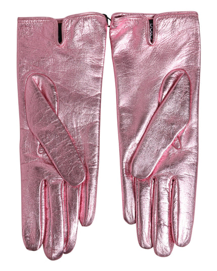 Dolce & Gabbana Pink Leather DG Logo Wrist Length Mitten Gloves