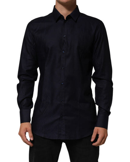 Dolce & Gabbana Blue Cotton Collared Long Sleeve GOLD Men Dress Shirt