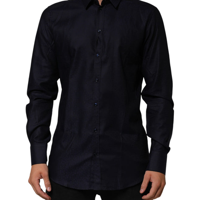 Dolce & Gabbana Blue Cotton Collared Long Sleeve GOLD Men Dress Shirt
