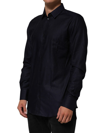 Dolce & Gabbana Blue Cotton Collared Long Sleeve GOLD Men Dress Shirt
