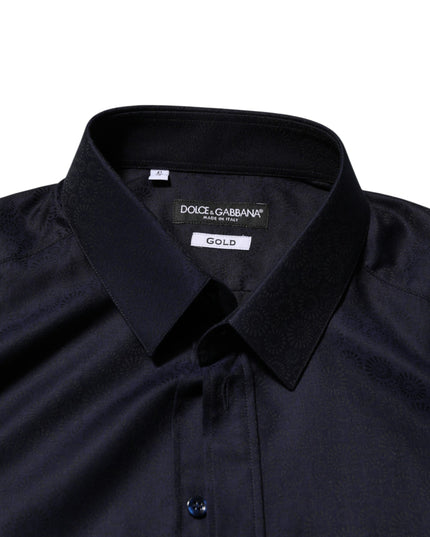 Dolce & Gabbana Blue Cotton Collared Long Sleeve GOLD Men Dress Shirt