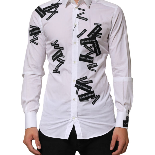 Dolce & Gabbana White Logo Cotton Collared GOLD Dress Shirt