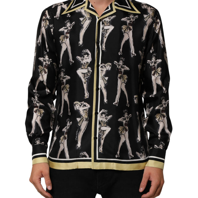 Dolce & Gabbana Black Silk Pin Up Printed Button Down Shirt