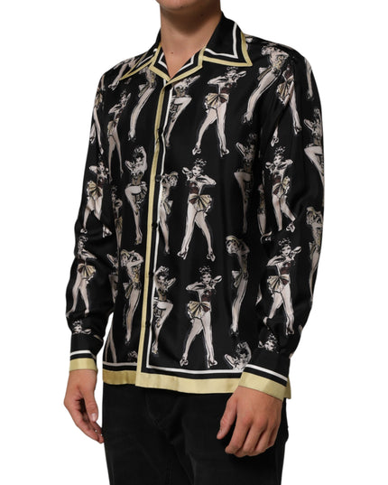 Dolce & Gabbana Black Silk Pin Up Printed Button Down Shirt