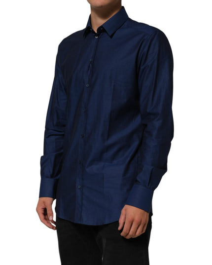 Dolce & Gabbana Blue Cotton Collared Men GOLD Dress Shirt
