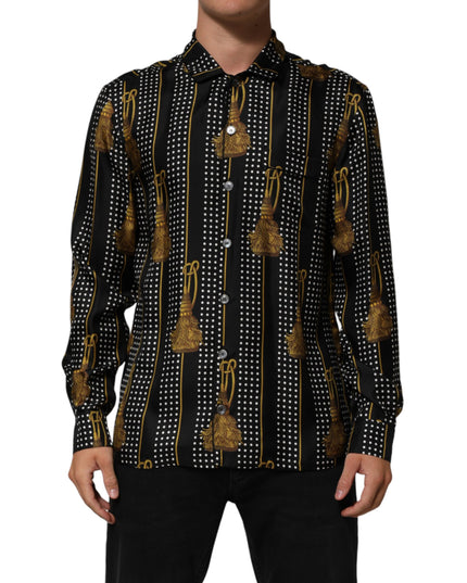 Dolce & Gabbana Black Dotted Tassel Silk Button Down Shirt