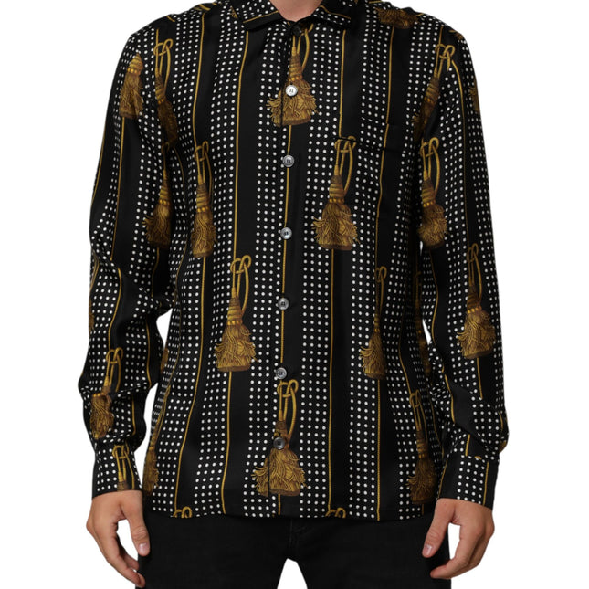 Dolce & Gabbana Black Dotted Tassel Silk Button Down Shirt