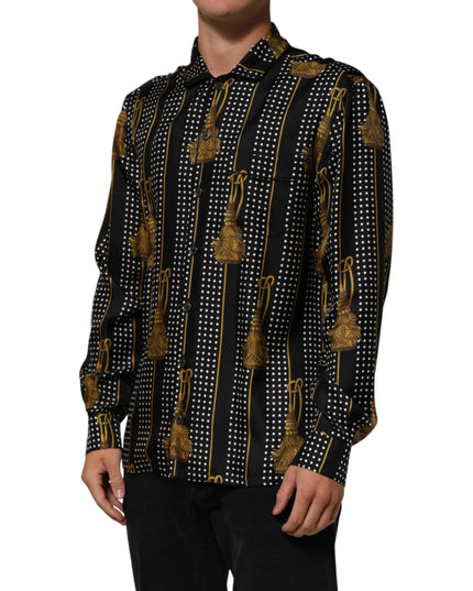 Dolce & Gabbana Black Dotted Tassel Silk Button Down Shirt