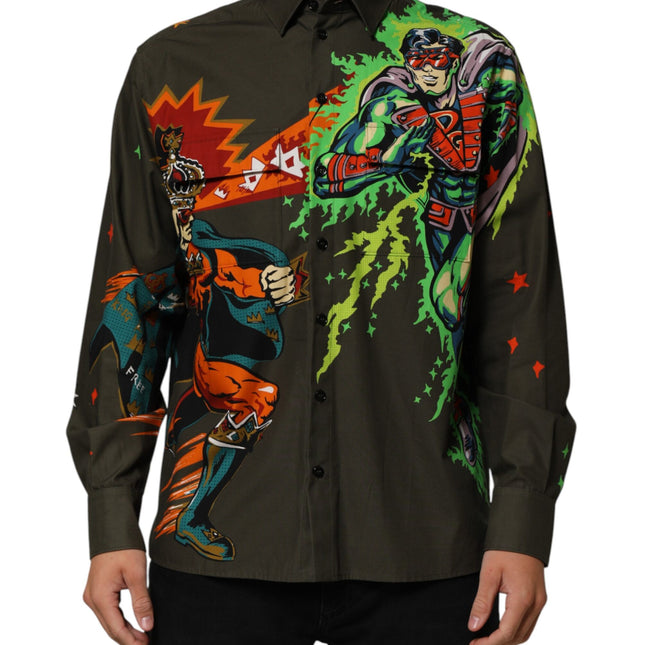 Dolce & Gabbana Brown Superhero Print Button Down Shirt