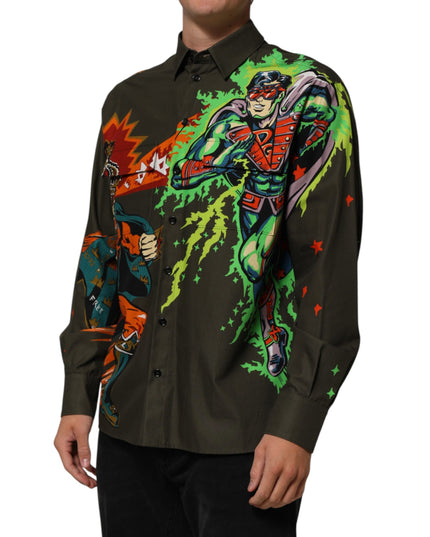 Dolce & Gabbana Brown Superhero Print Button Down Shirt