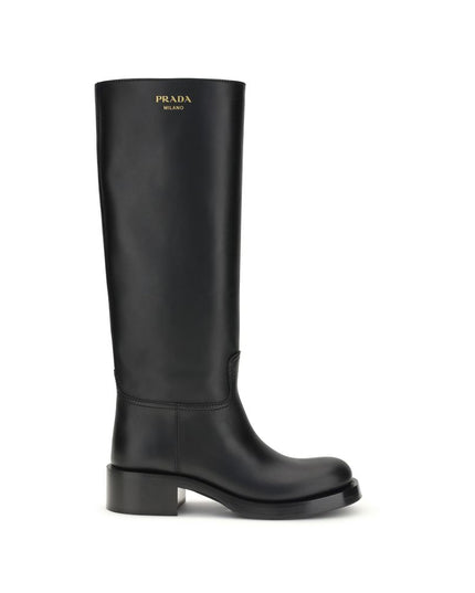 Prada Black Calf Leather Bos Taurus High Heel Boots