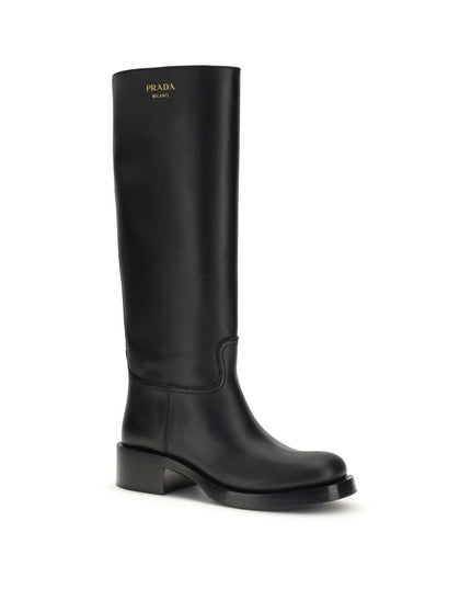 Prada Black Calf Leather Bos Taurus High Heel Boots