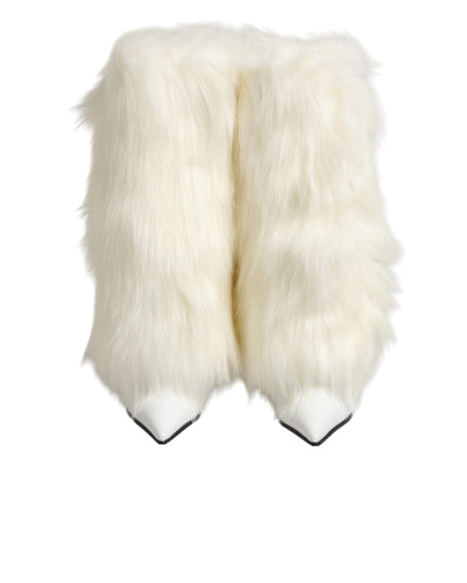 Dolce & Gabbana White Fur Pointed Knee High Stiletto Boots Shoes