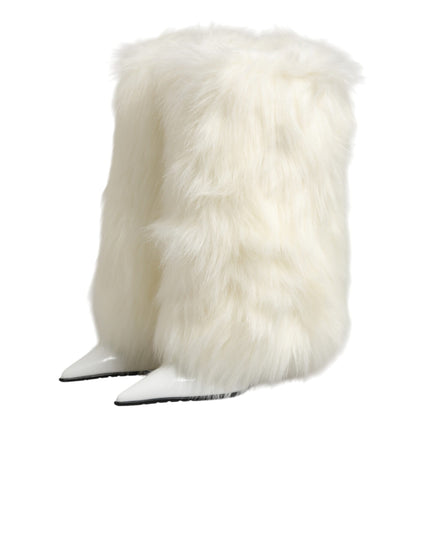 Dolce & Gabbana White Fur Pointed Knee High Stiletto Boots Shoes