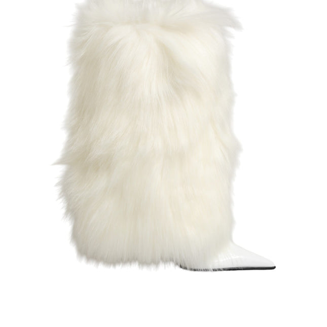 Dolce & Gabbana White Fur Pointed Knee High Stiletto Boots Shoes