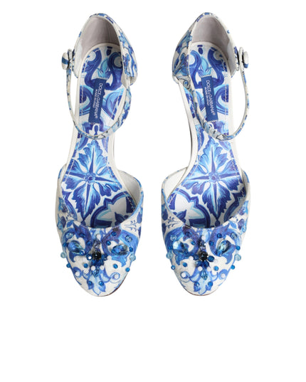 Dolce & Gabbana White Blue Floral Crystal Ankle Straps Shoes