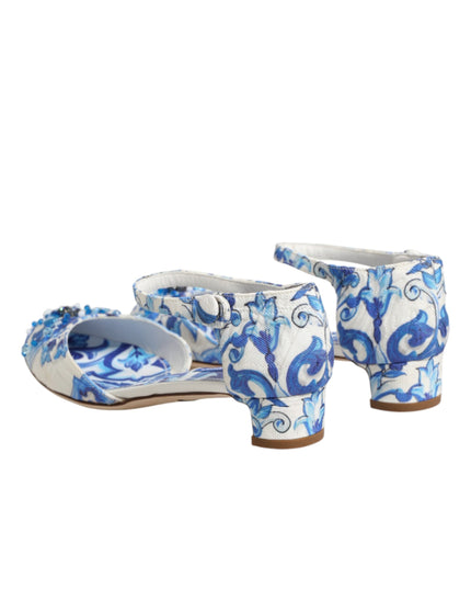 Dolce & Gabbana White Blue Floral Crystal Ankle Straps Shoes