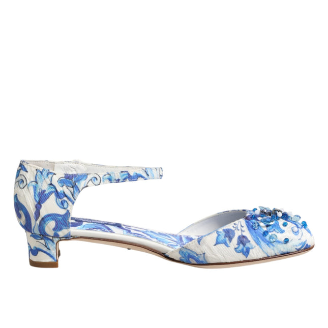 Dolce & Gabbana White Blue Floral Crystal Ankle Straps Shoes