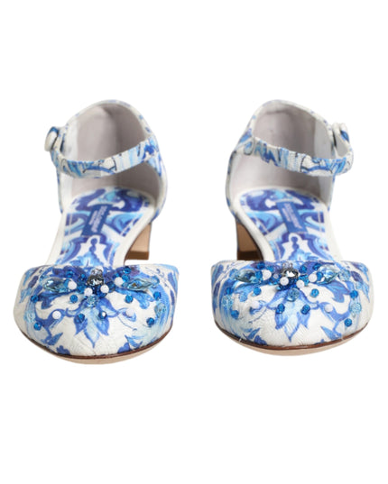 Dolce & Gabbana White Blue Floral Crystal Ankle Straps Shoes