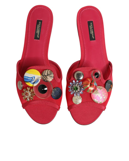 Dolce & Gabbana Red Embellished Flats Slip On Sandals Shoes
