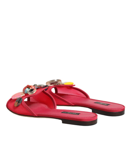 Dolce & Gabbana Red Embellished Flats Slip On Sandals Shoes