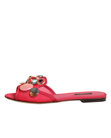 Dolce & Gabbana Red Embellished Flats Slip On Sandals Shoes
