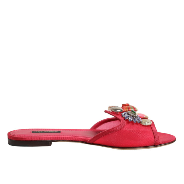 Dolce & Gabbana Red Embellished Flats Slip On Sandals Shoes