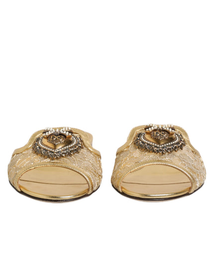 Dolce & Gabbana Gold Devotion Lace Flats Slip On Sandals Shoes