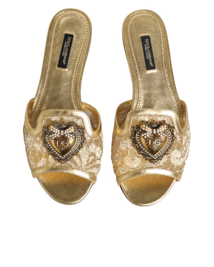 Dolce & Gabbana Gold Devotion Lace Flats Slip On Sandals Shoes