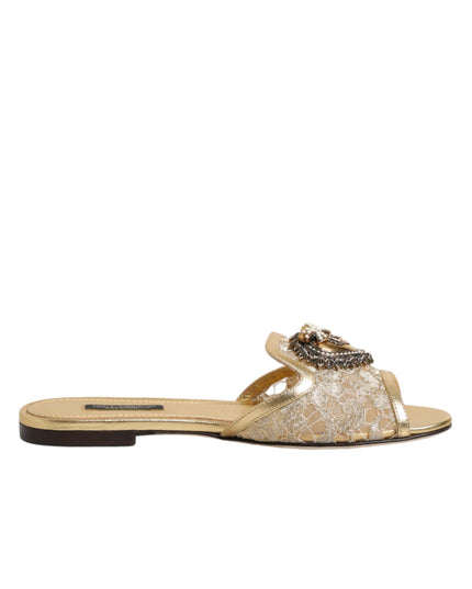 Dolce & Gabbana Gold Devotion Lace Flats Slip On Sandals Shoes