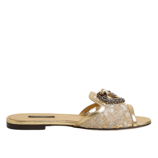 Dolce & Gabbana Gold Devotion Lace Flats Slip On Sandals Shoes