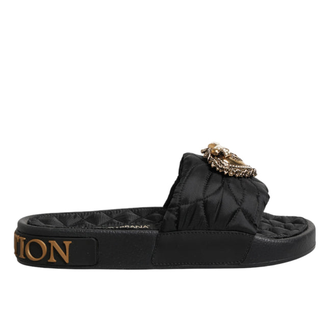 Dolce & Gabbana Black Devotion Matelassé Leather Slides Shoes