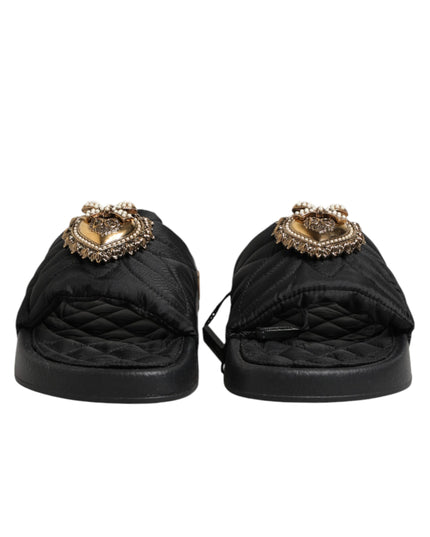 Dolce & Gabbana Black Devotion Matelassé Leather Slides Shoes