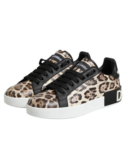 Dolce & Gabbana Brown Leather Leopard Low Top Sneakers Shoes