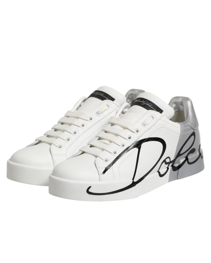 Dolce & Gabbana White Gray Low Top Leather Sneaker Shoes