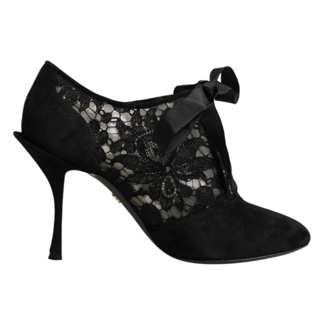 Dolce & Gabbana Black Floral High Heels LACE-UPS Pumps Shoes