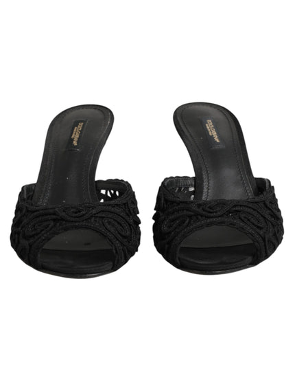 Dolce & Gabbana Black Embroidered Slip On Heels Slides Shoes