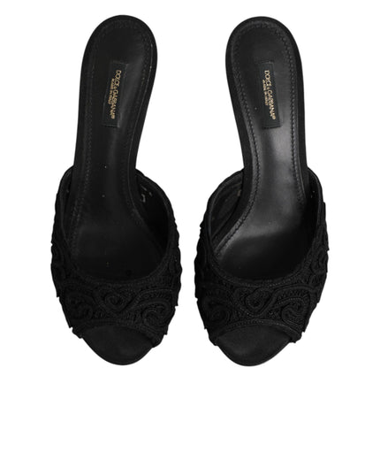 Dolce & Gabbana Black Embroidered Slip On Heels Slides Shoes
