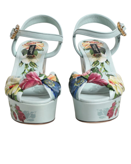 Dolce & Gabbana Green Floral Ankle Strap Wedge Sandals Shoes